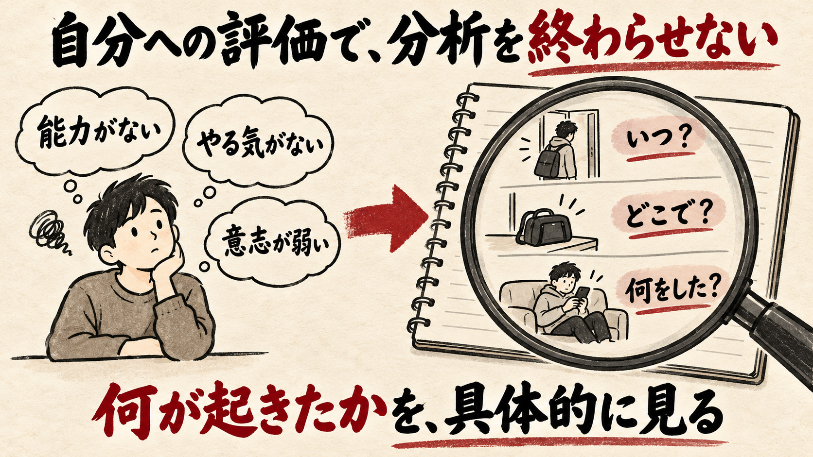 自分への評価で分析を終わらせず、いつ・どこで・何をしたかを具体的に見る。