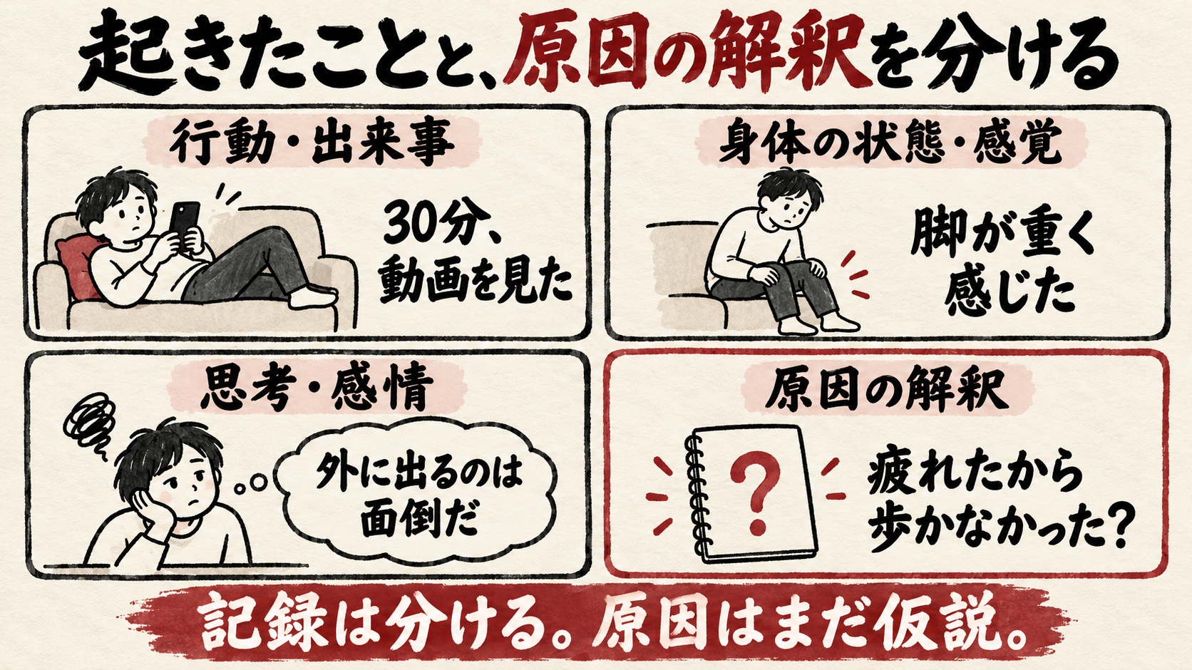 行動・出来事、身体の状態・感覚、思考・感情、原因の解釈を分ける。疲労が原因かはまだ仮説。